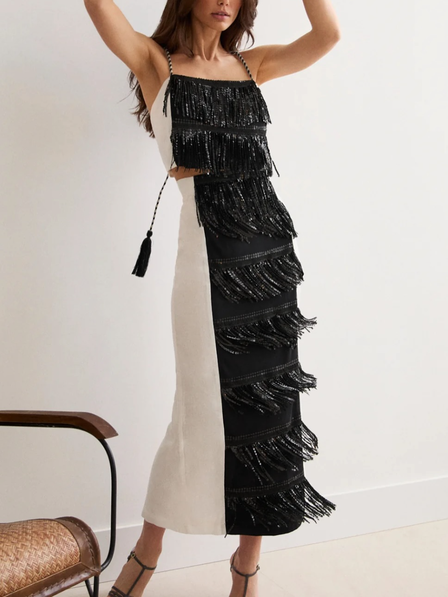 Strapless Patchwork Fringe Dress