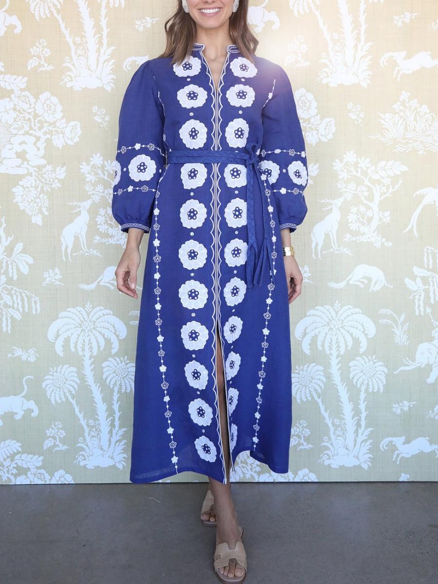 Vintage Printed V-neck Midi Dress
