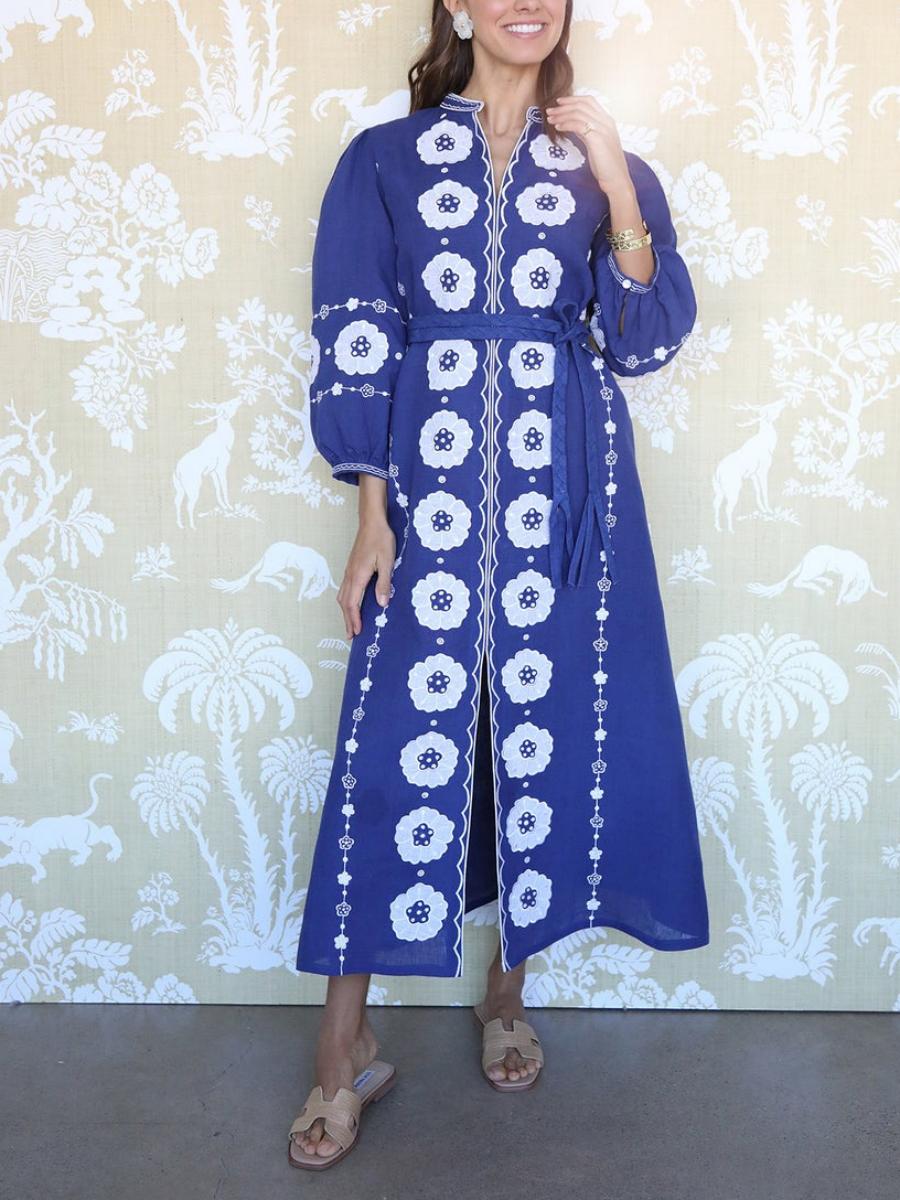Vintage Printed V-neck Midi Dress