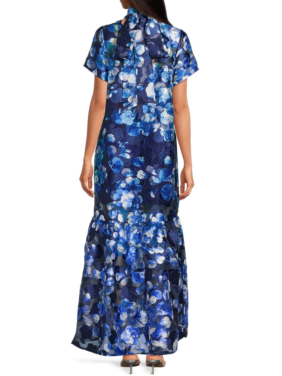 Floral Jacquard Mock Neck Tiered Hem Maxi Dress