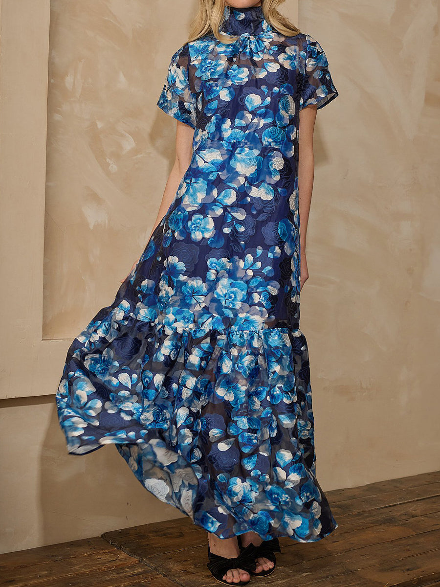 Floral Jacquard Mock Neck Tiered Hem Maxi Dress