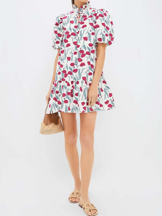 Floral Print Stand Ruffle Collar Mini Dress
