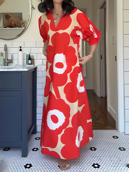 Printed V Neck Puff Sleeve Dress