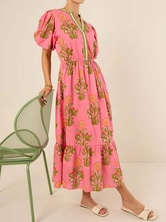 Band Collar V-neck Short Sleeve Dress