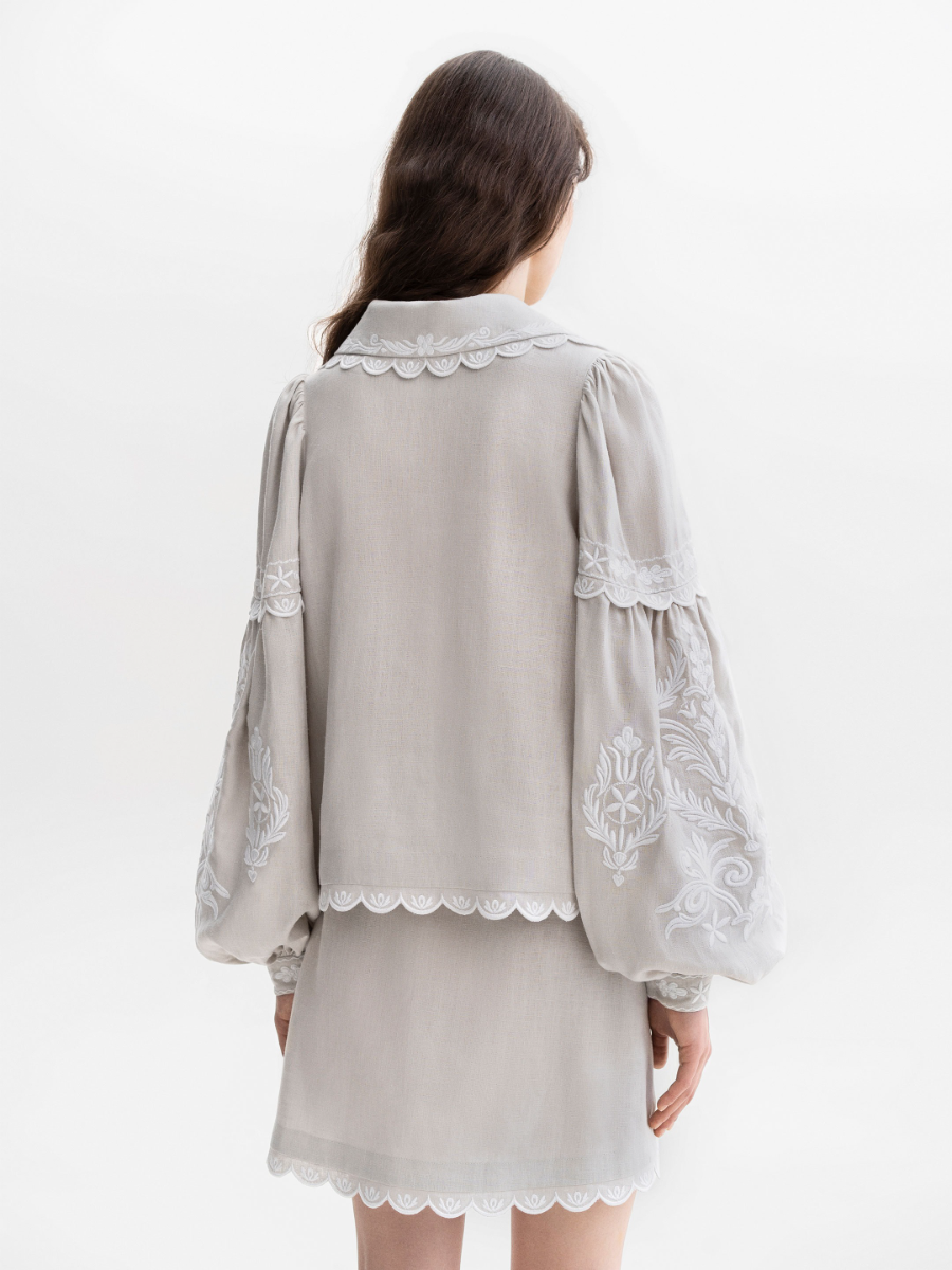 Gray Linen Blouse With White Embroidery