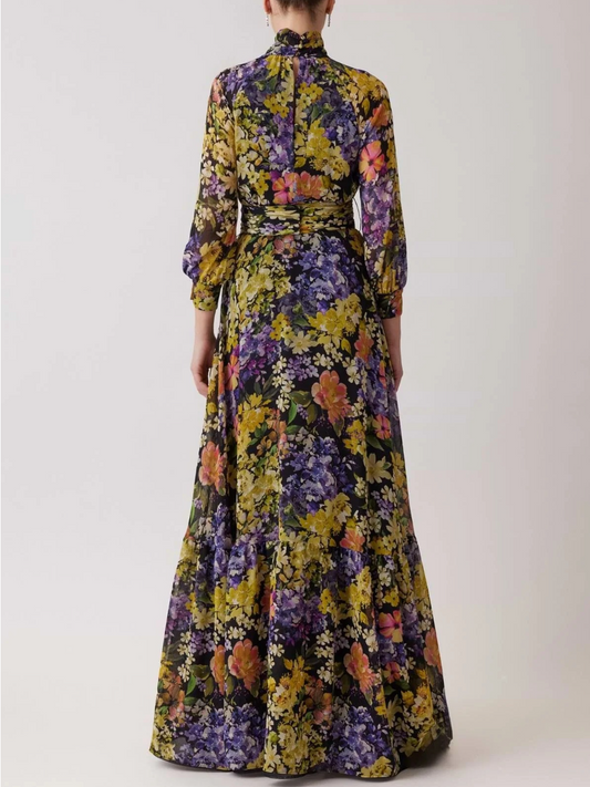 Chiffon Floral Print Tie Neck Gown