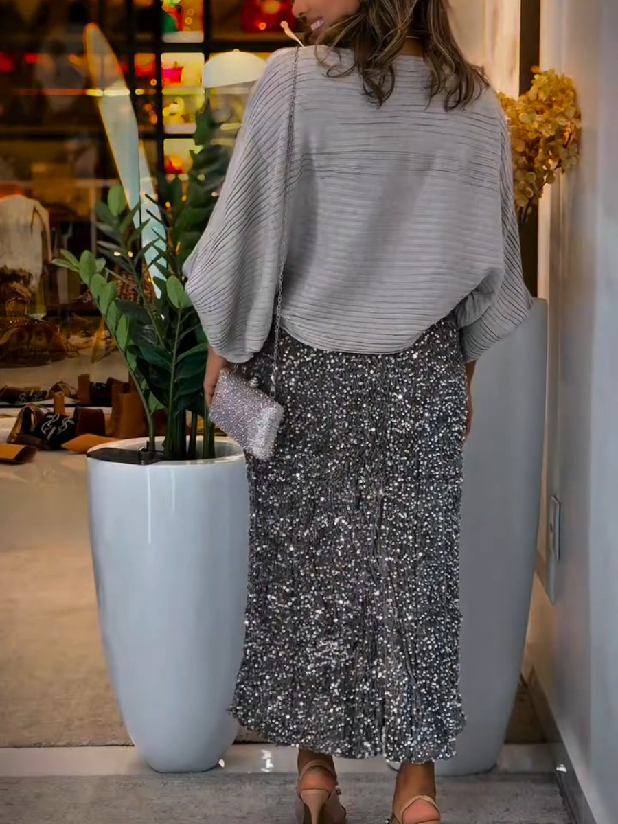 Long-Sleeve Loose Sequin Two-Piece Dress