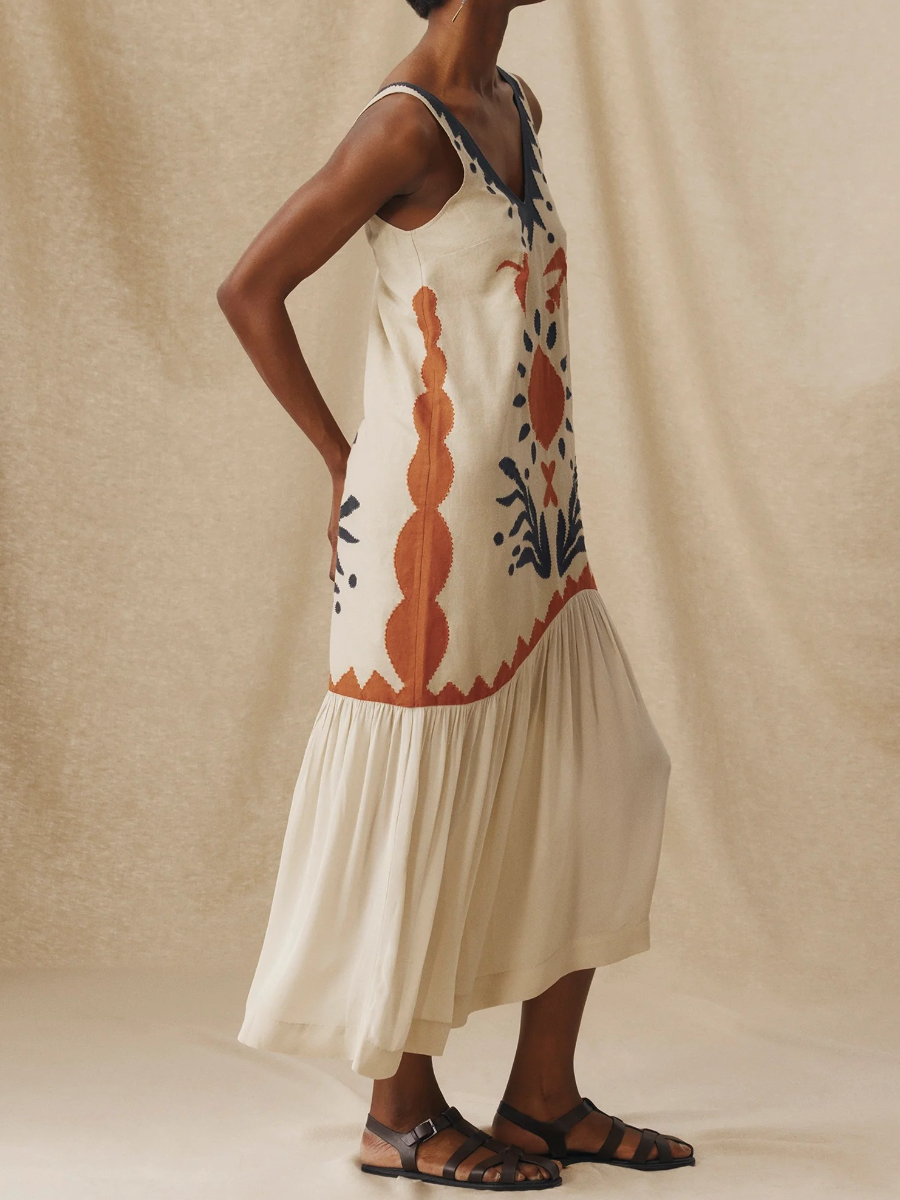 Cotton Linen Embroidered Drop Waist Midi Dress