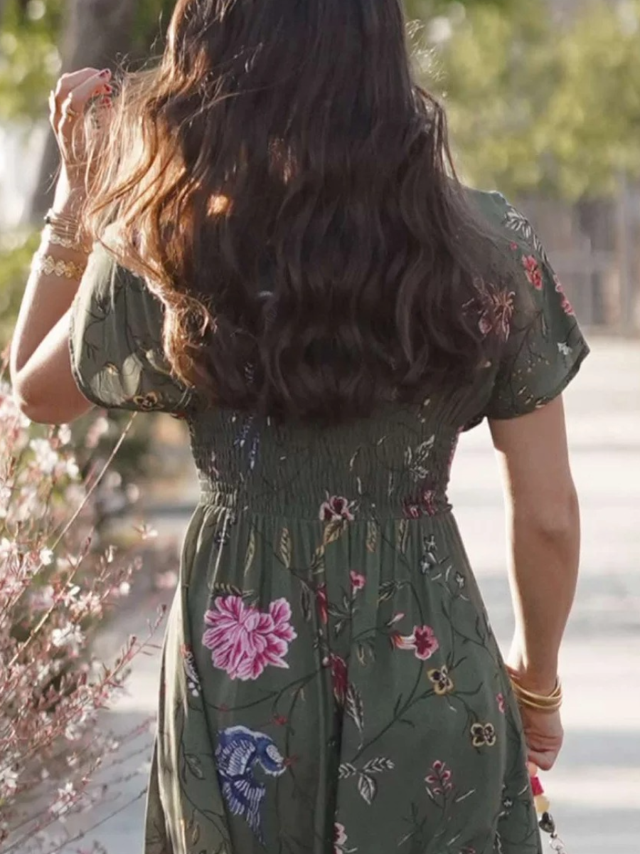 Forest Green Floral And Bird Printed Maxi Dress