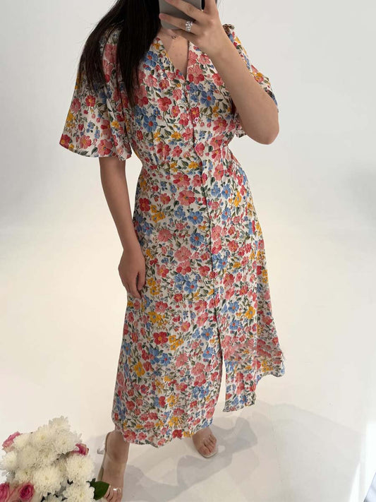 Floral Print V Neck Midi Dress