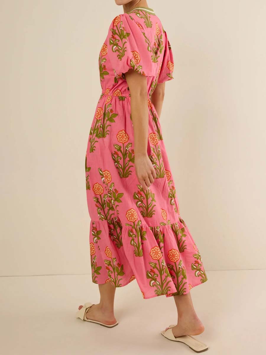 Band Collar V-neck Short Sleeve Dress