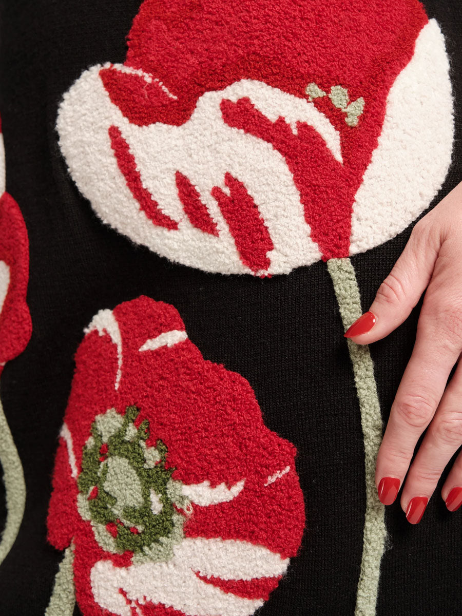 3/4 Sleeve Embroidered Poppy Wool Blend Mini Dress