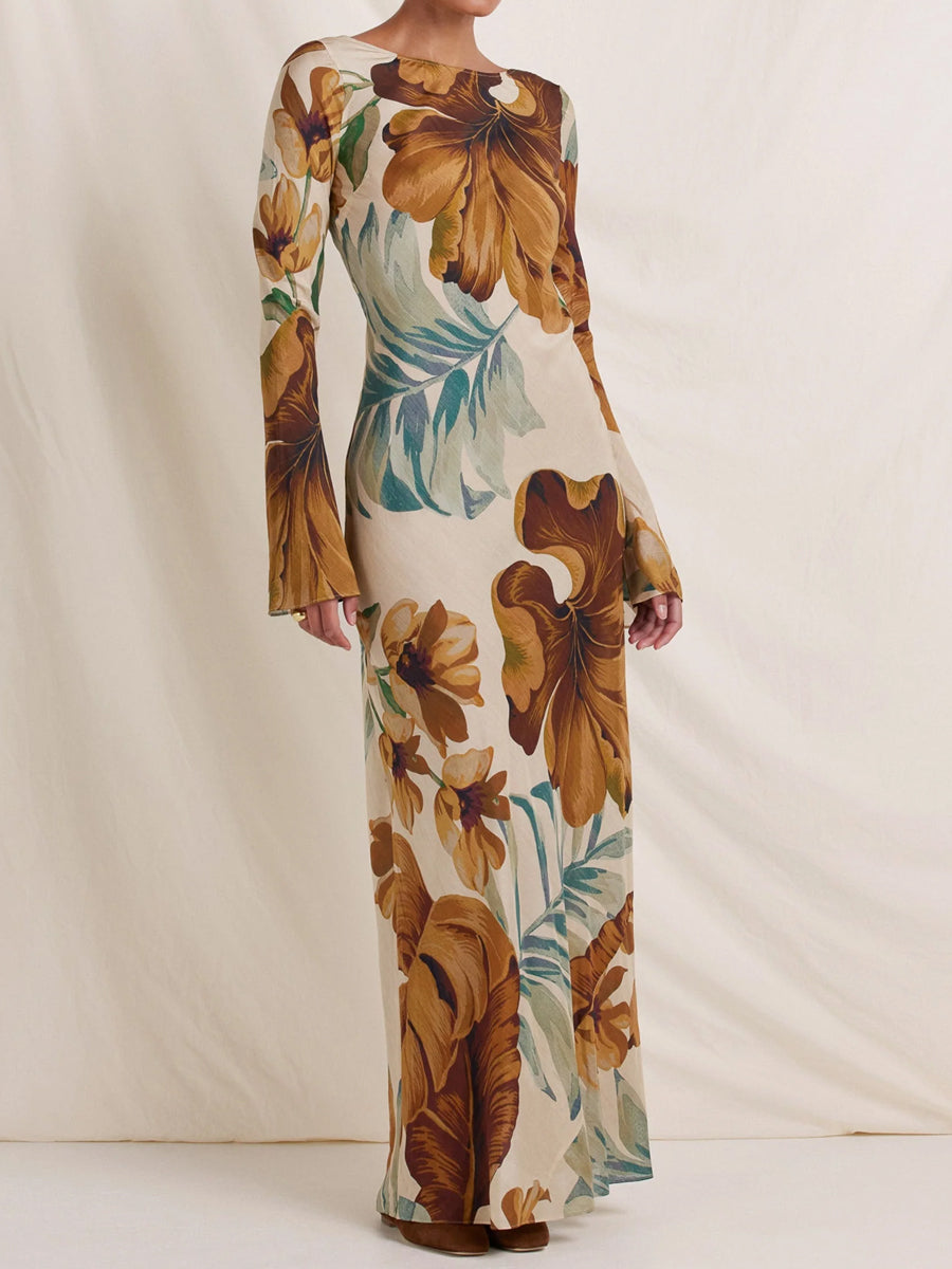 Open Back Printed Long Sleeve Maxi Dress
