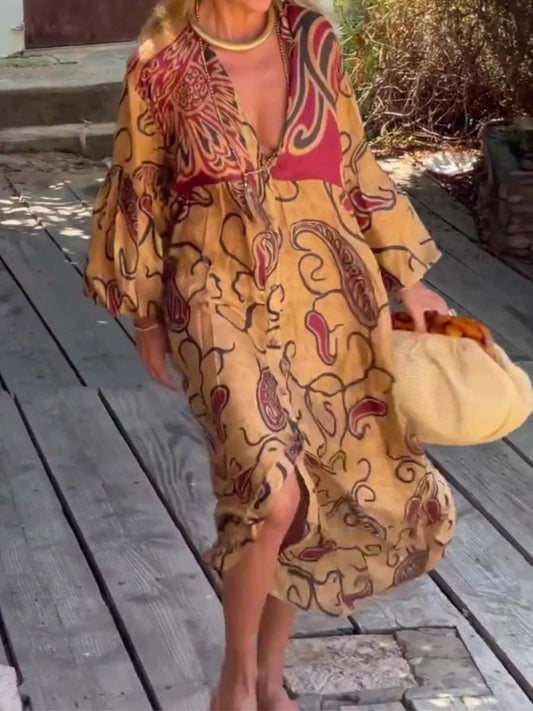 V-neck Fashion Printed Long Sleeve Loose Dress