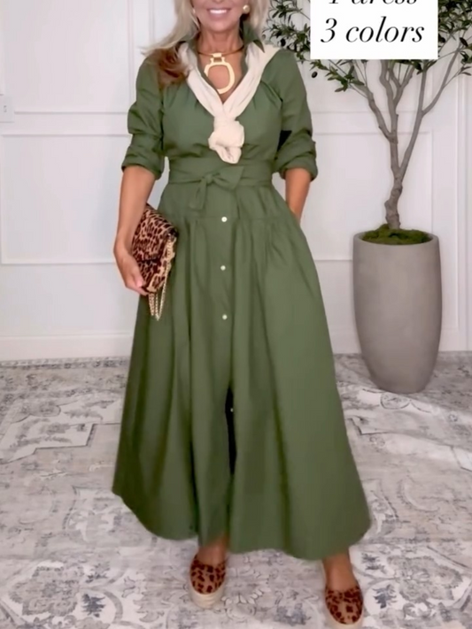 Women's Belted Cotton Maxi Shirtdress With Long Sleeves