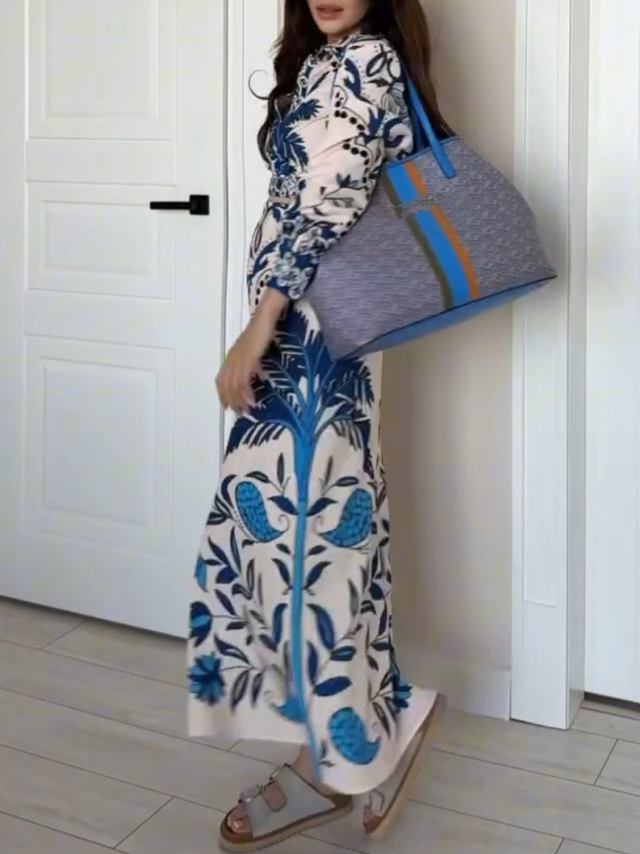 Blue Palm Tree Printed Long Sleeve Dress