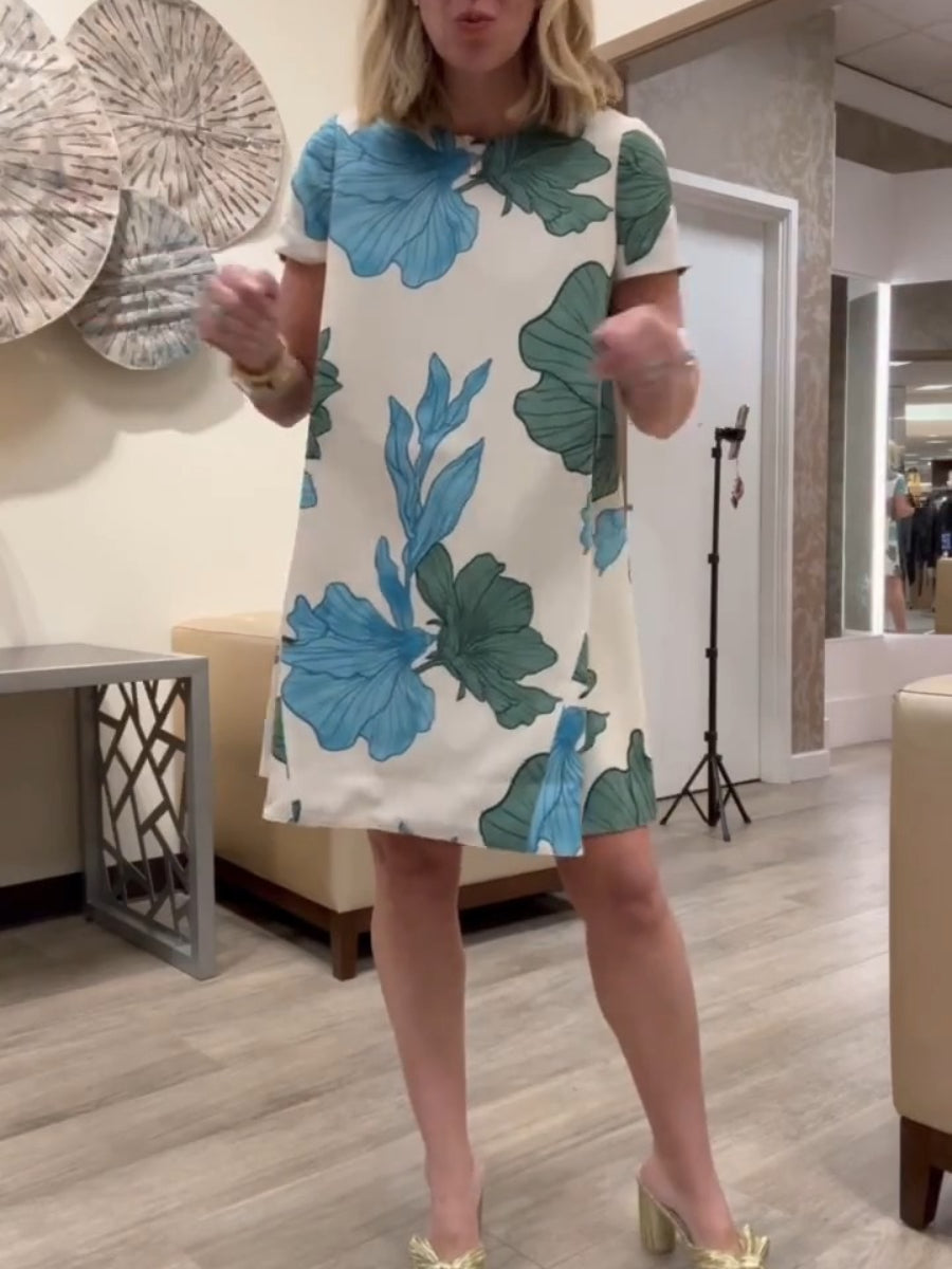 Summer Convertible Floral Print Round Neck Short Sleeve A-Line Mini Dress
