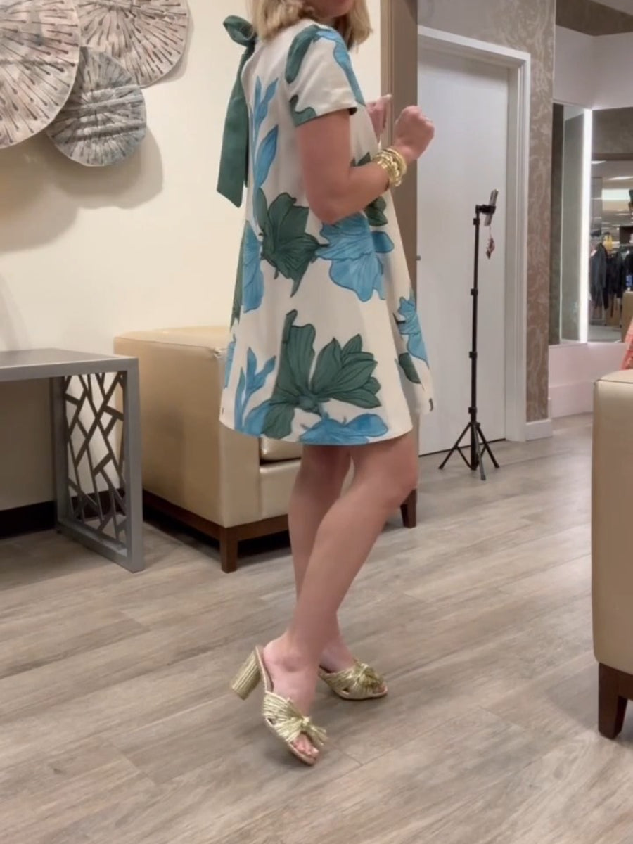 Summer Convertible Floral Print Round Neck Short Sleeve A-Line Mini Dress