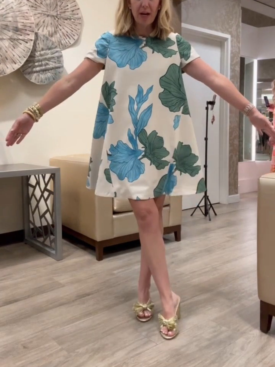 Summer Convertible Floral Print Round Neck Short Sleeve A-Line Mini Dress