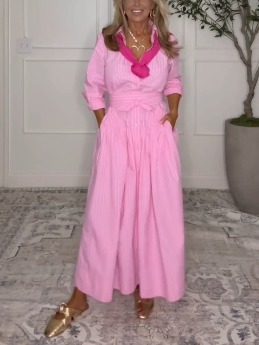 Women's Belted Cotton Maxi Shirtdress With Long Sleeves