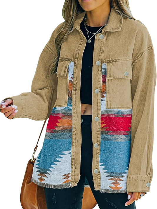 Women's Lapel Long Sleeve Vintage Button Down Denim Jacket