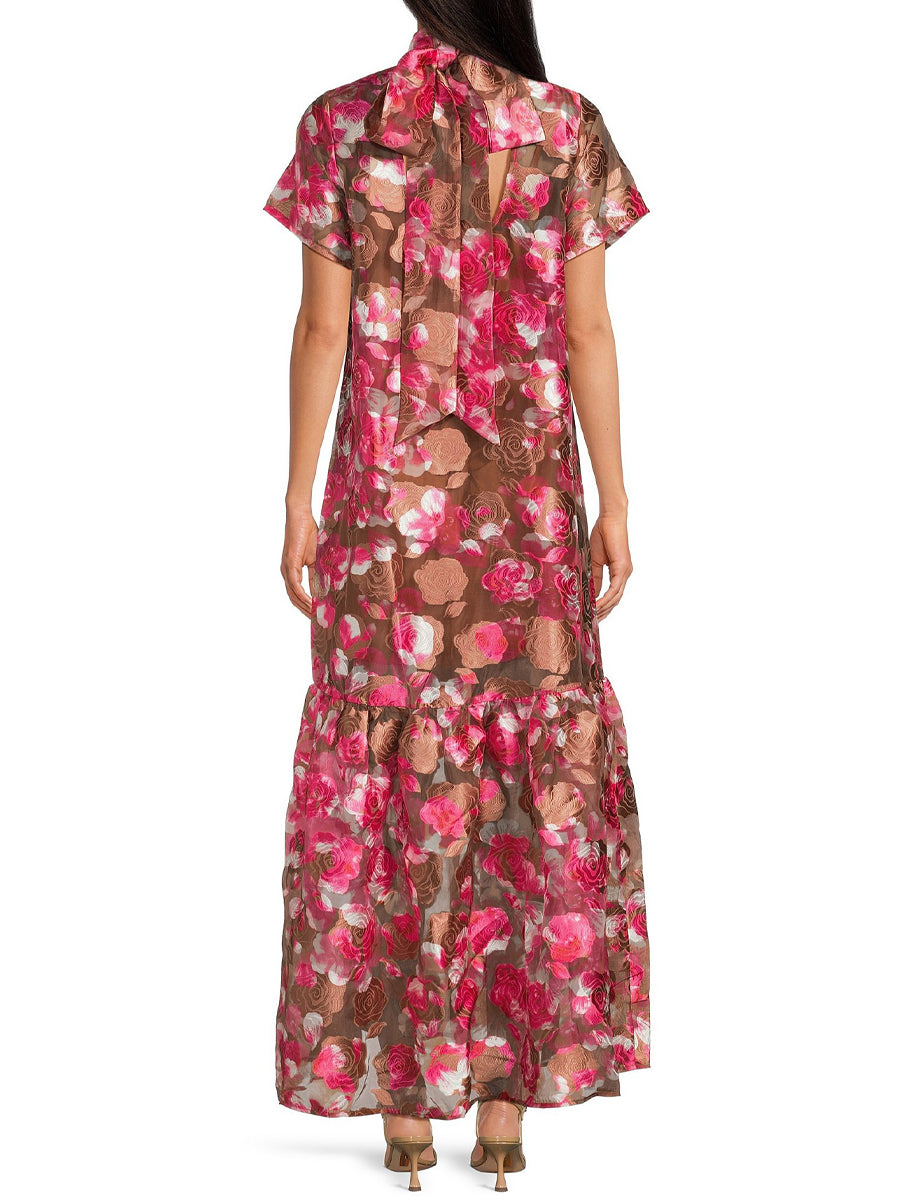 Floral Jacquard Mock Neck Tiered Hem Maxi Dress