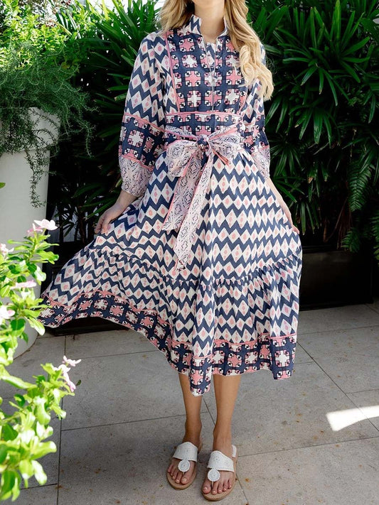 Printed Long Sleeve Belted Maxi Dress