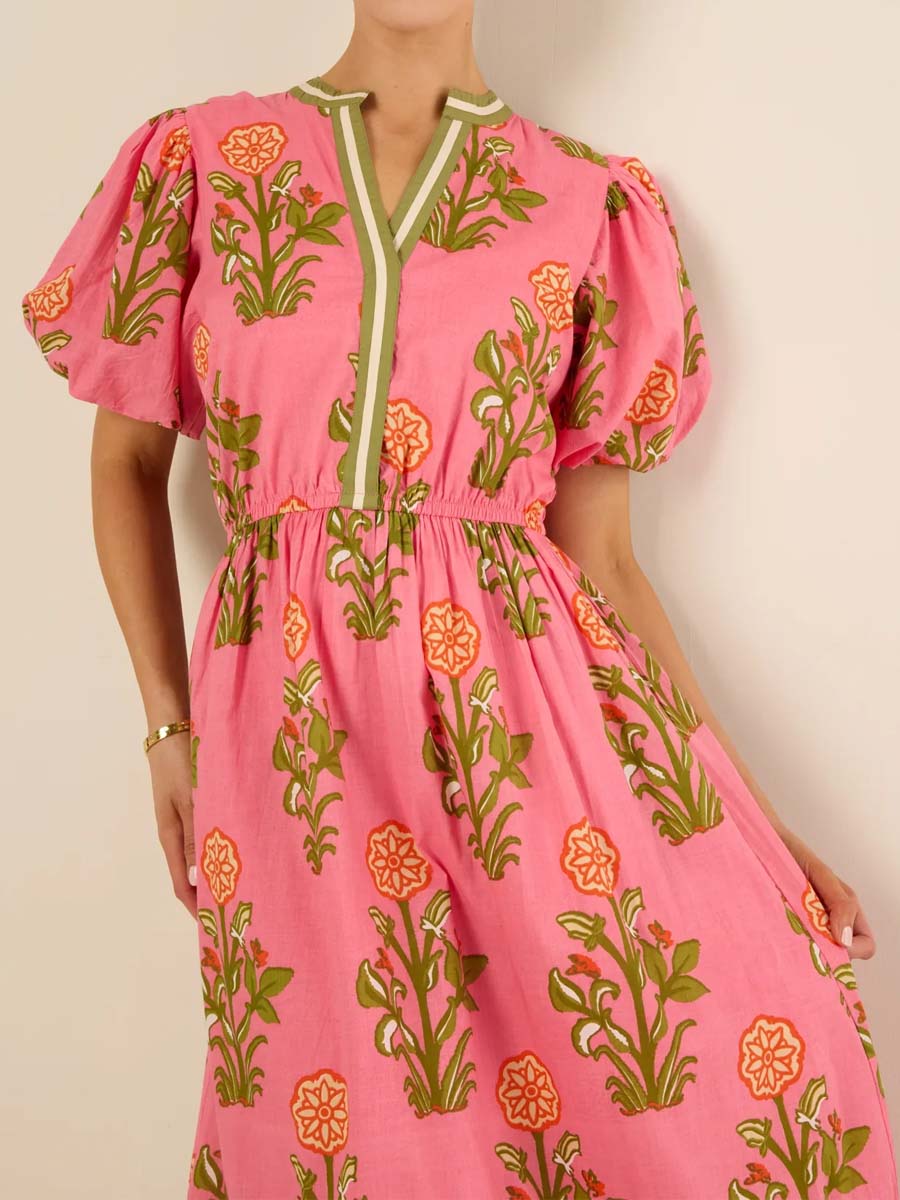 Band Collar V-neck Short Sleeve Dress