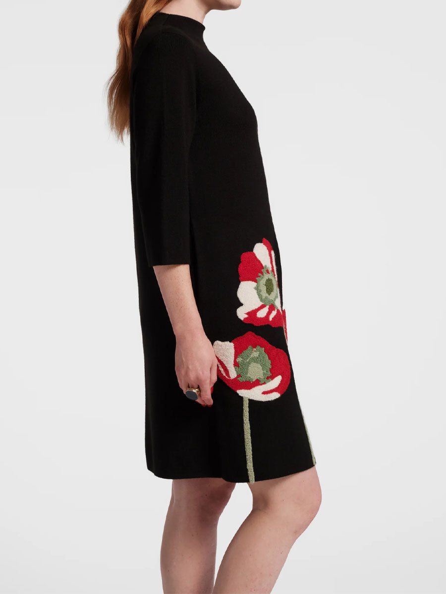 3/4 Sleeve Embroidered Poppy Wool Blend Mini Dress