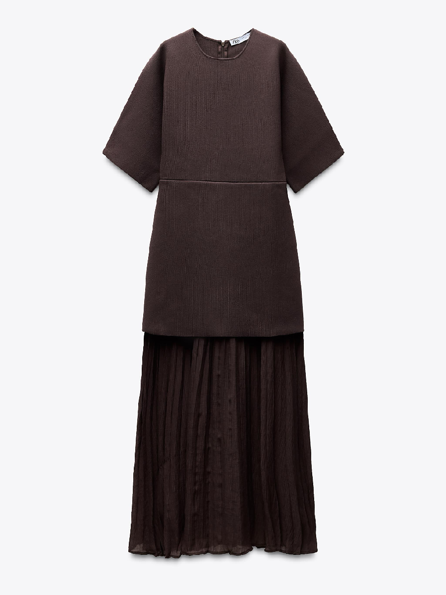Brown Pleated Knit Maxi Dress