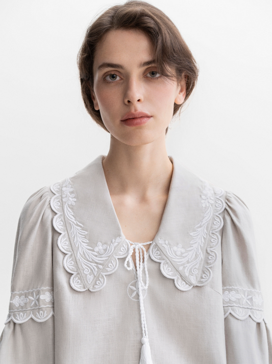 Gray Linen Blouse With White Embroidery