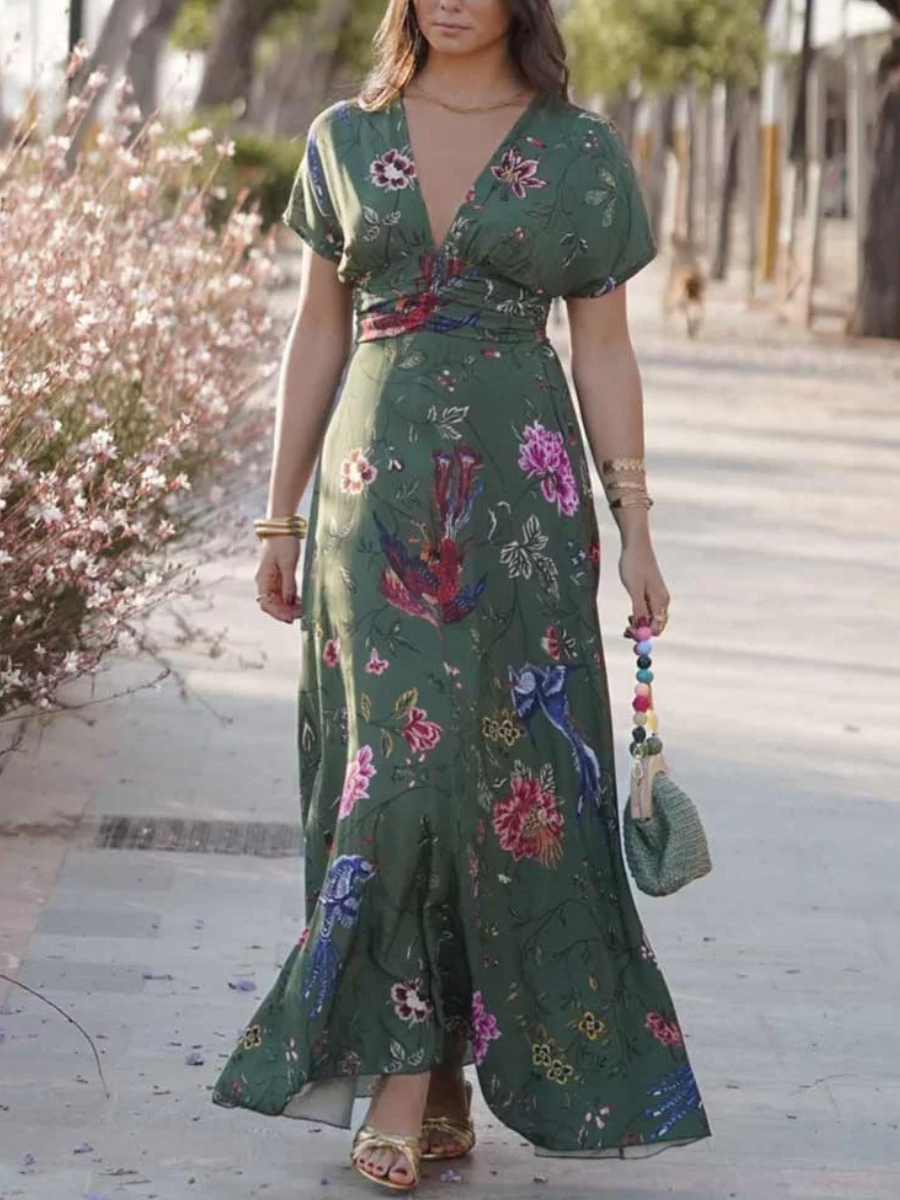 Forest Green Floral And Bird Printed Maxi Dress