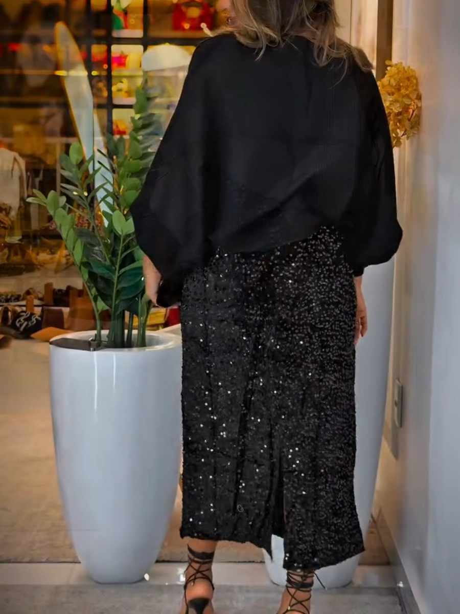 Long-Sleeve Loose Sequin Two-Piece Dress