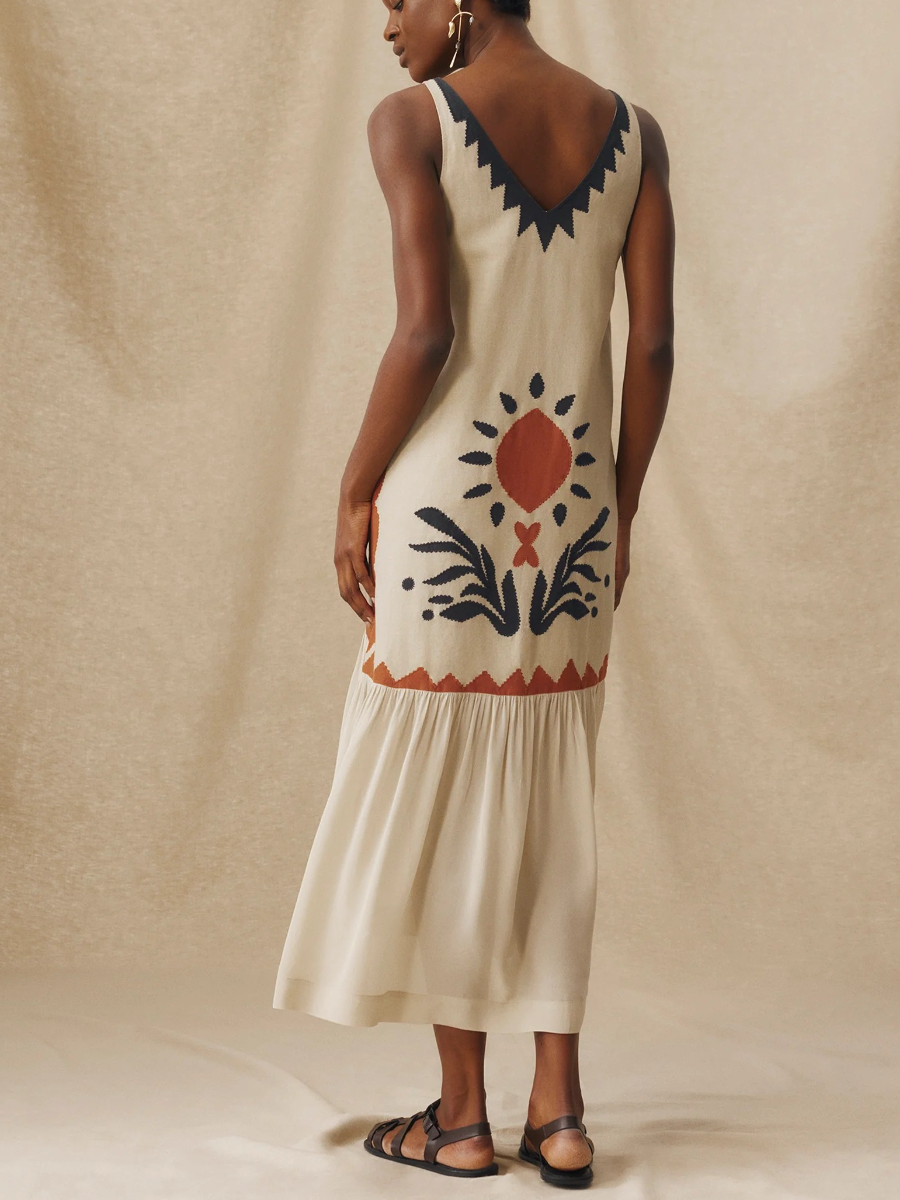Cotton Linen Embroidered Drop Waist Midi Dress