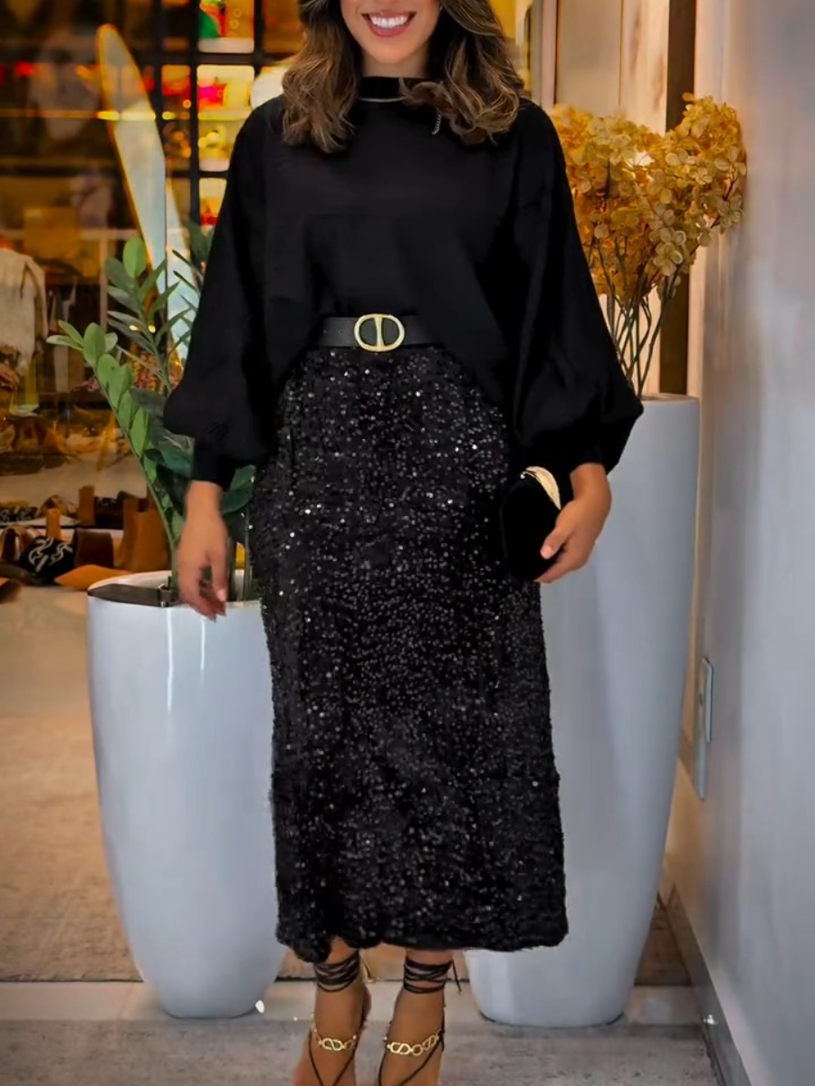 Long-Sleeve Loose Sequin Two-Piece Dress