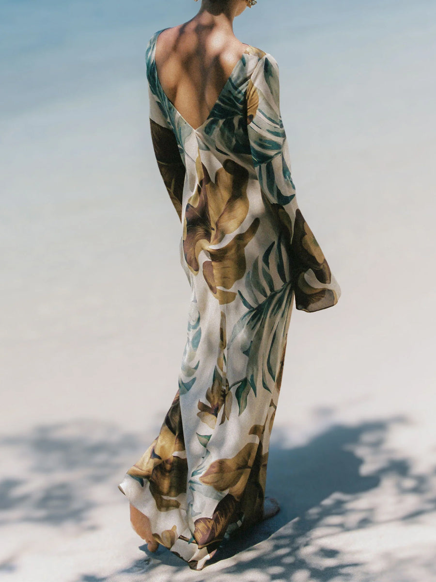 Open Back Printed Long Sleeve Maxi Dress