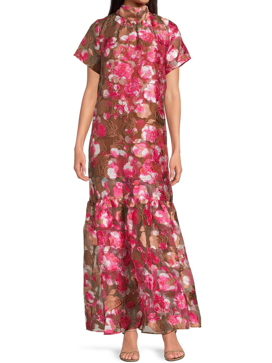 Floral Jacquard Mock Neck Tiered Hem Maxi Dress