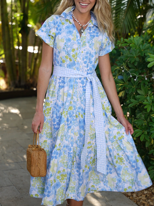 Blue Print Shirt Short Sleeve Midi Dress