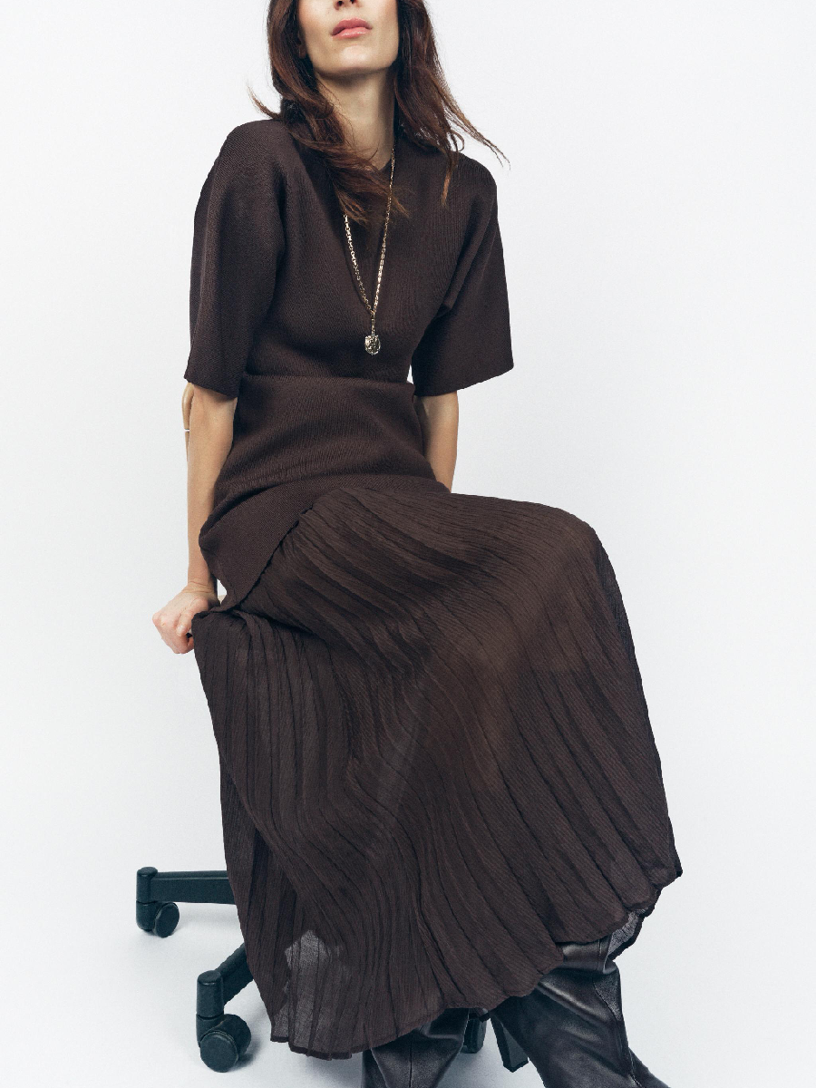 Brown Pleated Knit Maxi Dress
