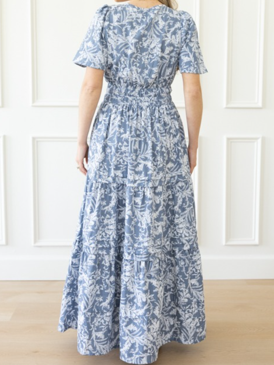 Blue Grey Floral Meadow Maxi Dress