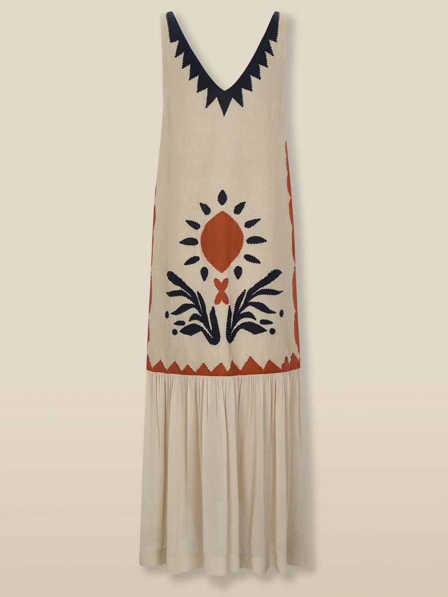 Cotton Linen Embroidered Drop Waist Midi Dress