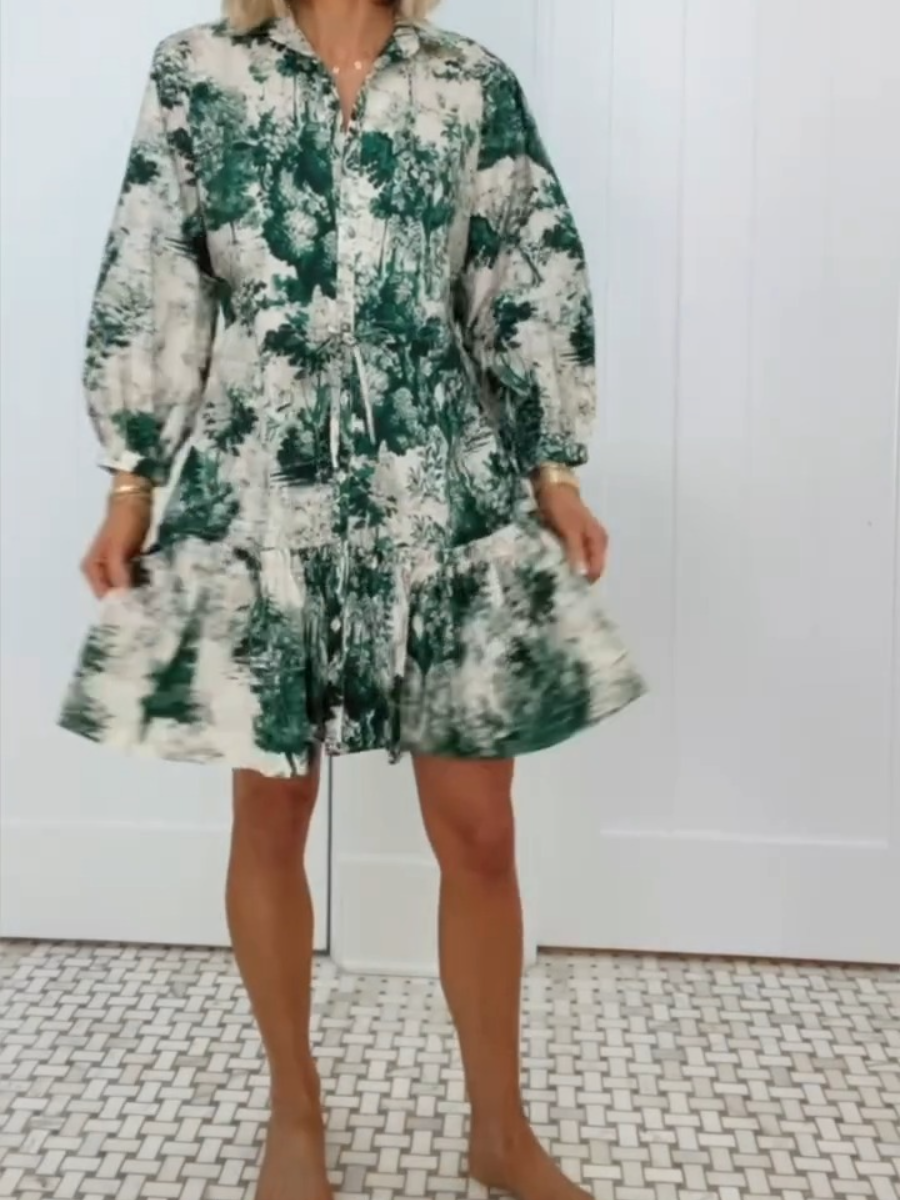 Vibrant Floral Print Dress with Drawstring Waist and Ruffle Hem