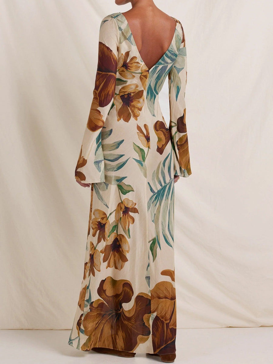 Open Back Printed Long Sleeve Maxi Dress