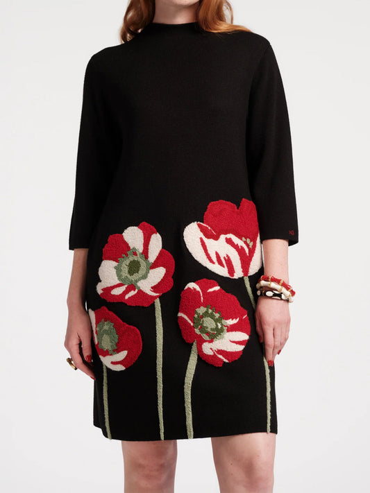 3/4 Sleeve Embroidered Poppy Wool Blend Mini Dress