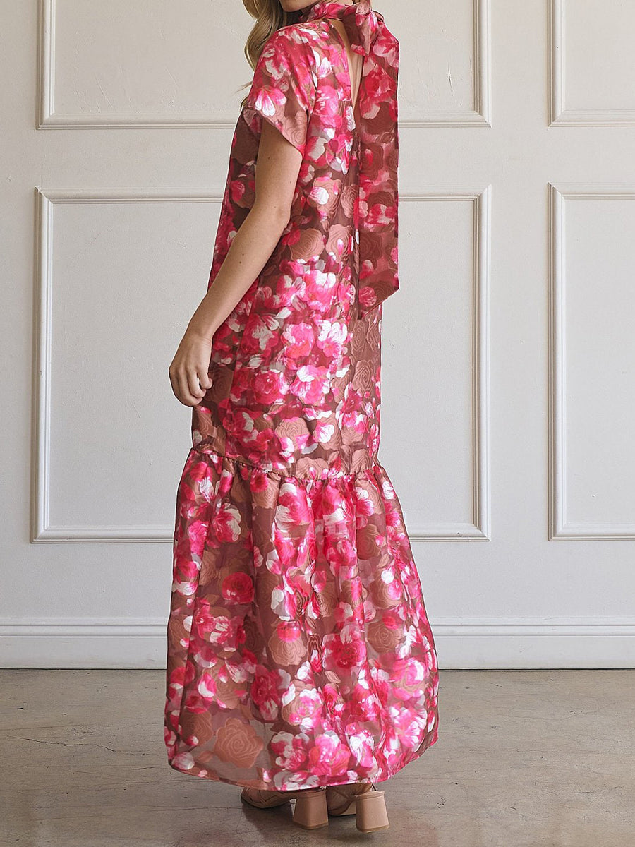 Floral Jacquard Mock Neck Tiered Hem Maxi Dress