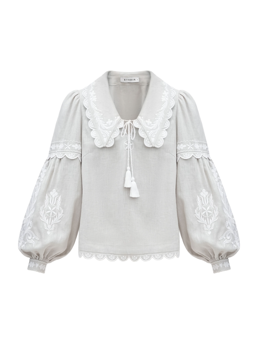Gray Linen Blouse With White Embroidery
