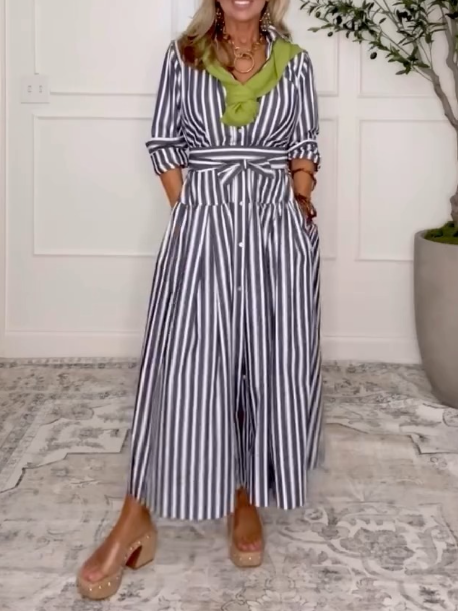 Women's Belted Cotton Maxi Shirtdress With Long Sleeves