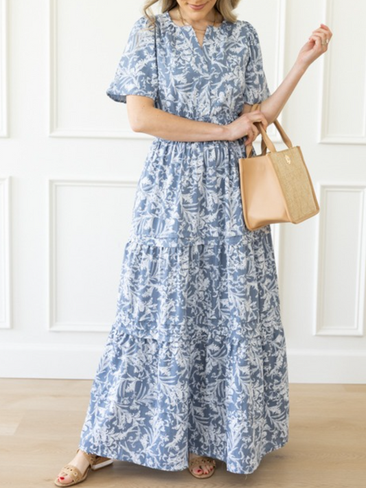 Blue Grey Floral Meadow Maxi Dress