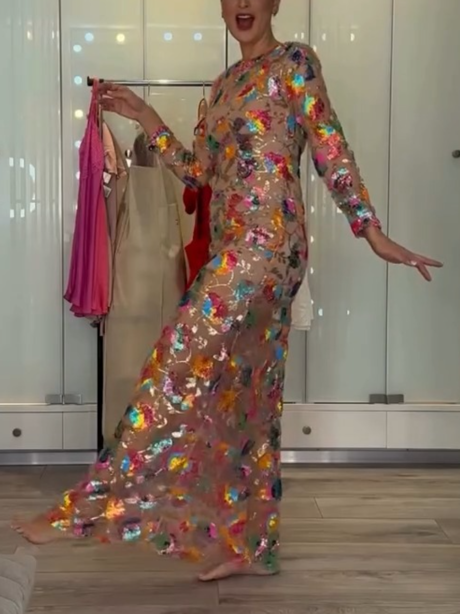 Multicoloured Floral Sheer Sequin Dress