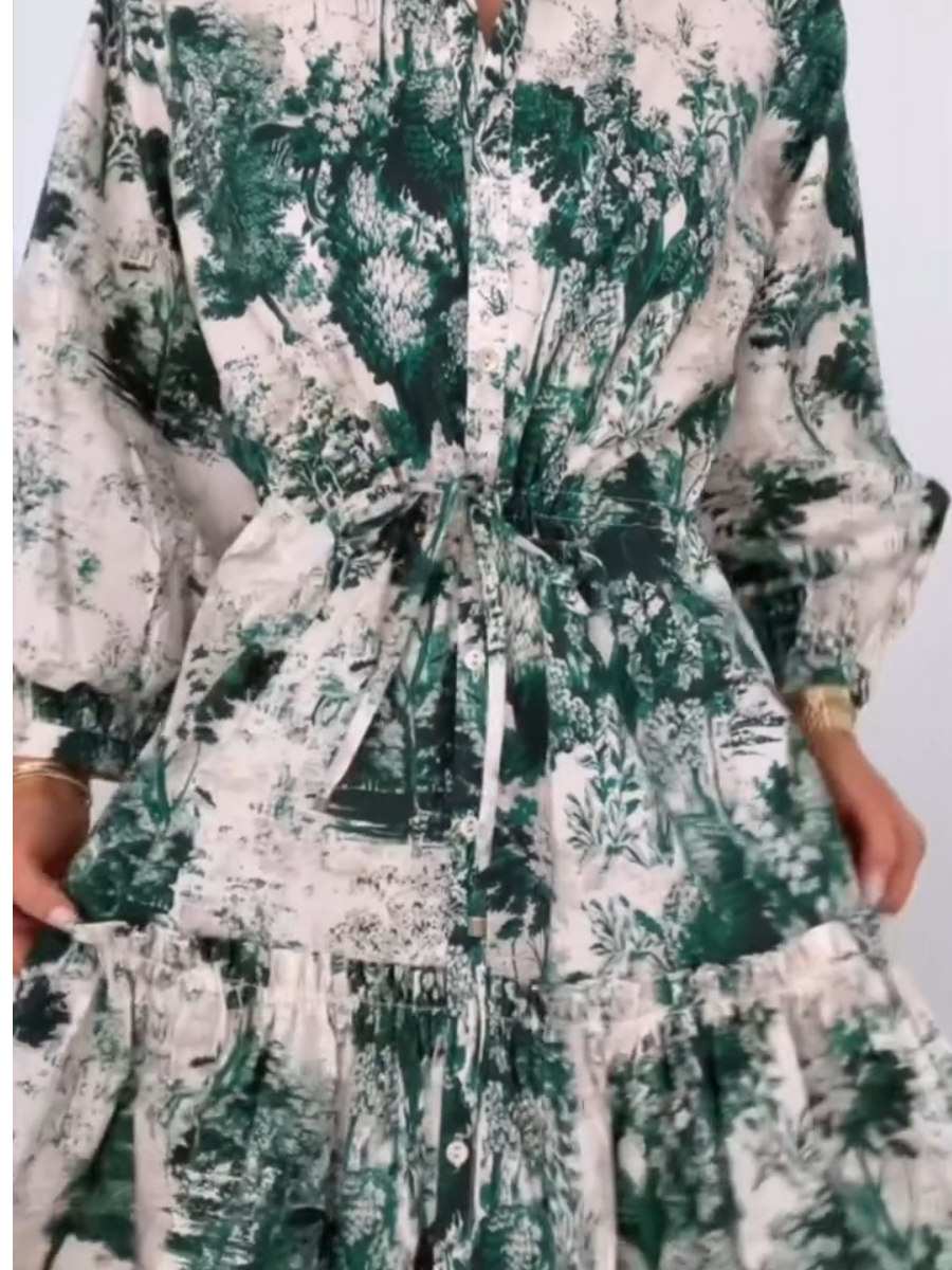 Vibrant Floral Print Dress with Drawstring Waist and Ruffle Hem